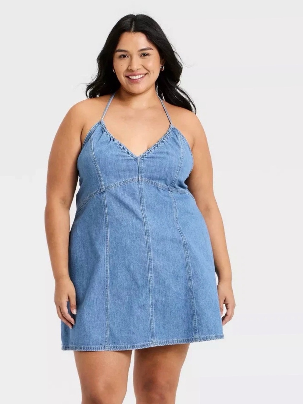 NWT XL Denim Halter Medium Wash Blue Jean mini dress pockets new